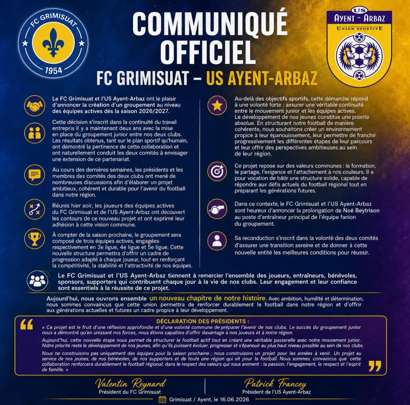 Communiqué Officiel : Union des forces actives entre le FC Grimisuat et l'US Ayent-Arbaz !