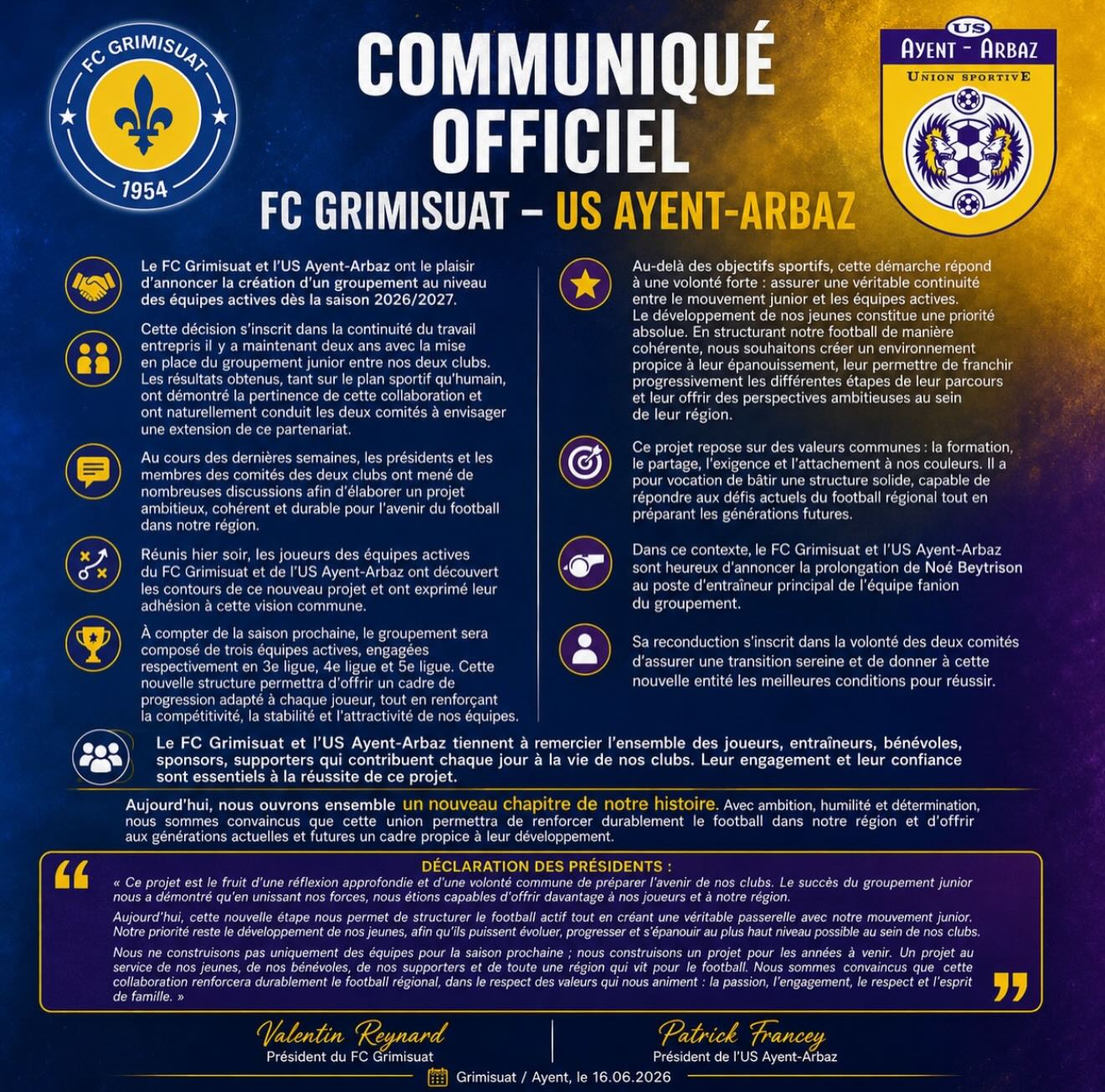 Communiqué Officiel : Union des forces actives entre le FC Grimisuat et l'US Ayent-Arbaz !